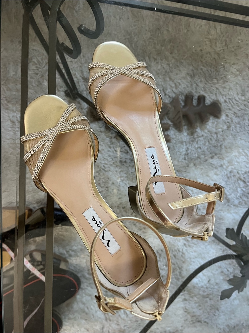 Nina Gold Rhinestone Strappy Low Heel Sandals